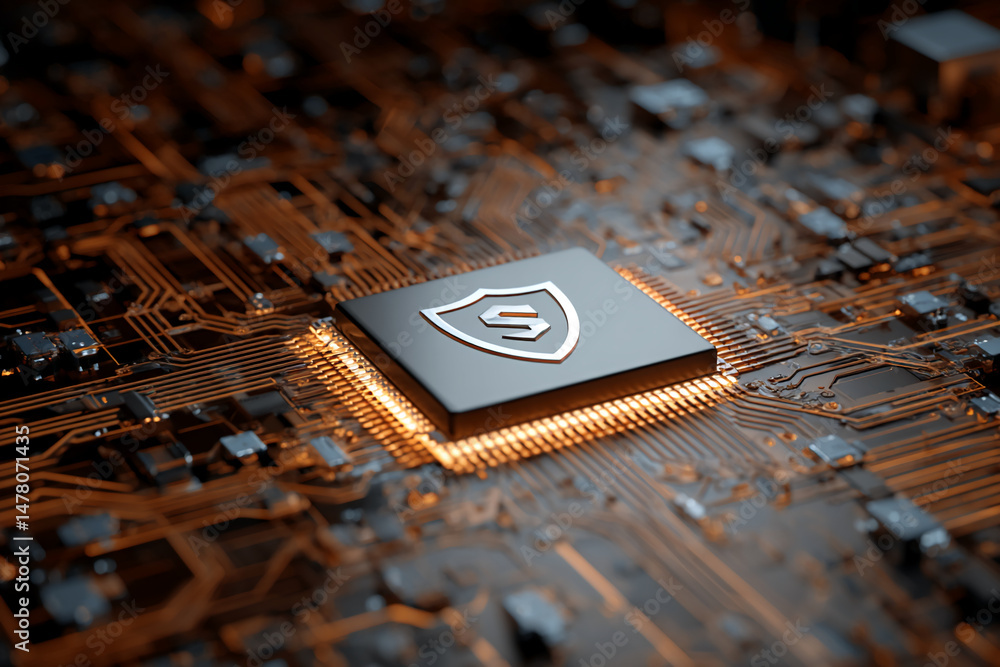 Poster close-up of a microprocessor with a shield symbol, showcasing digital security concept. represents d
