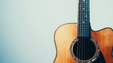 Obraz premium A light-wood acoustic guitar, isolated and shown close-up against a white backdrop. 