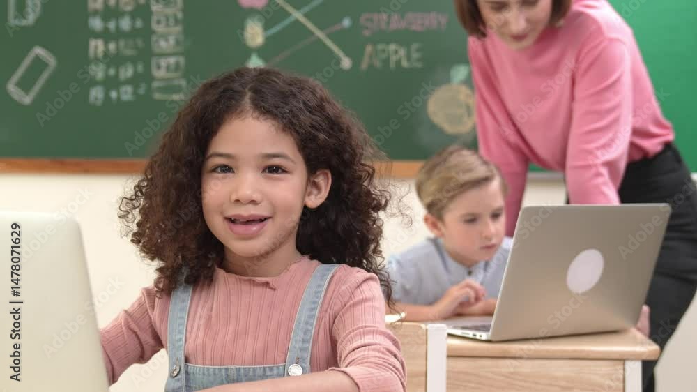Poster attractive girl coding prompt while looking at camera at stem class while happy teacher checking sma