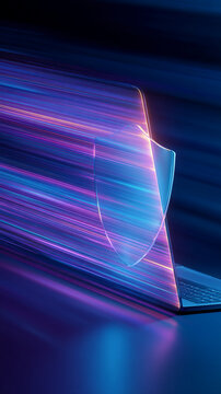 Laptop screen with neon light streaks and a glass shield, symbolizing online security and fast data transfer, ideal for tech or cybersecurity concepts