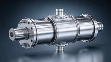 A detailed view of a metallic industrial component with a sleek design.