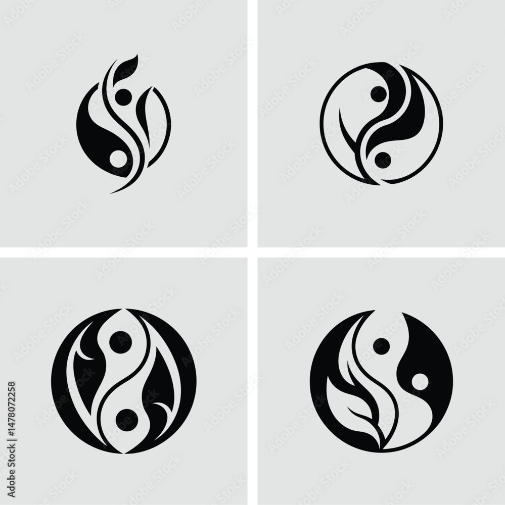 Poster four yin yang inspired logo designs with leaf and swirl elements for branding icons