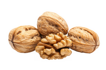 Pile of walnuts close up on transparent background