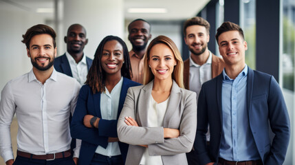 Fototapeta premium Successful business team posing confidently in modern hallway