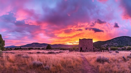 Fototapeta premium Colorful sunset over a rustic stone tower in a grassy valley.