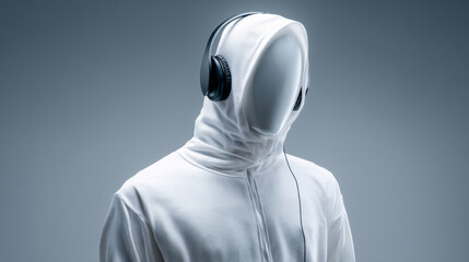 A faceless figure in a white hoodie and headphones against a minimalist background.