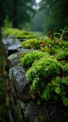 Obraz premium Close-Up of Moss and Sporophytes with Dew Drops on Stone Wall in Nature 