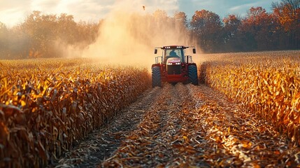Fototapeta premium Tractor harvesting corn in a golden field during autumn sunset, with dust clouds