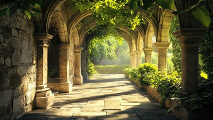 Sunlit Stone Archway Garden Path.