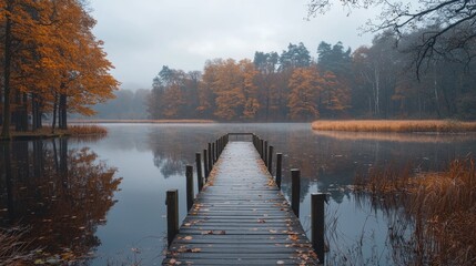 Serene Autumn Landscape with Dock Overlooking Calm Lake and Colorful Foliage