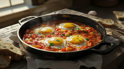 A comforting pan of Shakshuka with four sunny-side-up eggs simmering in a flavorful tomato and bell pepper sauce, garnished with parsley, accompanied by slices of bread.