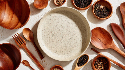 Flatlay: wooden bowls, spoons, fork, speckled beige plate, showcasing kitchen utensils/spices, creating rustic, minimalist food-themed composition, perfect for culinary blogs/recipe websites