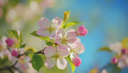 Obraz premium A beautiful floral image of spring features blossoming cherry branches in soft focus, set on a gentle light blue sky with copy space, all bathed in the warmth of sunlight