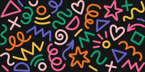 Modern basic shapes set: star, arrow, triangle, circle, heart, zigzag, spiral, wavy lines. Trendy Memphis geometric pattern. Cool abstract background in retro 80s, 90s style. Cute kid doodle design.	
