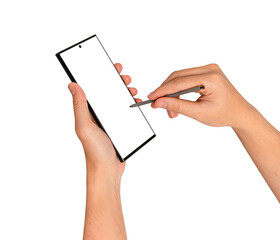 Hands using stylus pen on blank smartphone screen isolated. Technology, business and advertising...