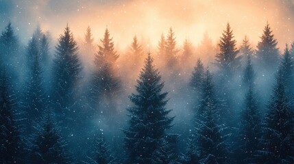 Naklejka premium Misty forest landscape at dawn with snowflakes falling softly among trees