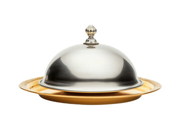 Silver food dome on golden plate on transparent background