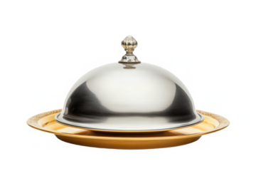 Silver food dome on golden plate on transparent background