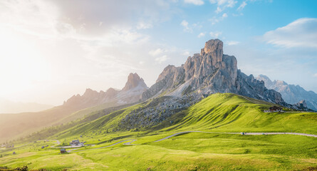 Ra Gusela Peak of Nuvolau group in the Italian Dolomites mountain at Giau Pass in South Tyrol Italy.