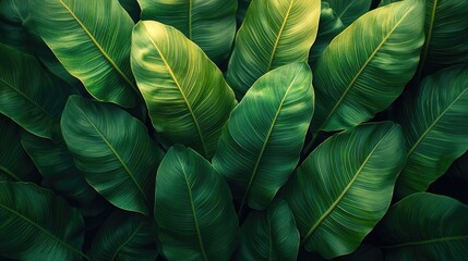 Lush Green Tropical Leaves Overlapping in a Dense Canopy, Ideal for Nature Themes