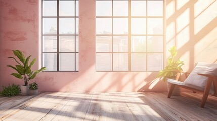 Fototapeta premium Empty sunlit loft room with pink walls and wooden floor.