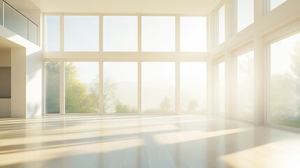 Fototapeta premium A spacious, modern room filled with natural light from a large window. 