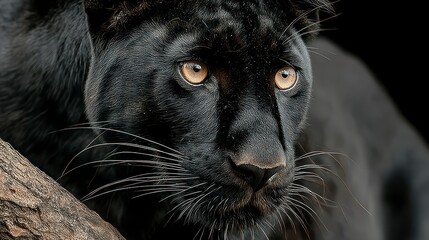 Intense Gaze of a Black Feline Predator with Golden Eyes Captured in CloseUp Detail for Wildl