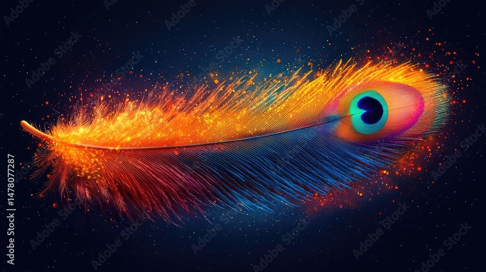 Poster vibrant feather-like abstract design with colorful patterns against a dark backdrop