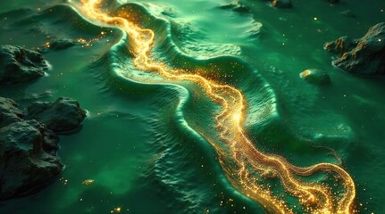 Opulent gold rivers flow through shimmering emerald depths creating a luxurious effect, liquid,  yellow