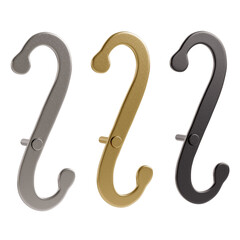 Three different colored metal hooks