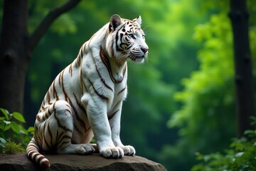 Majestic white tiger sits regally on rock, piercing blue eyes survey lush green forest, powerful grace is evident,  predator,  forest
