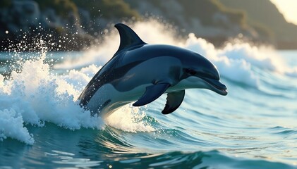 Obraz premium Majestic dolphin leaps through powerful wave, sunlight reflecting off water, water, animal