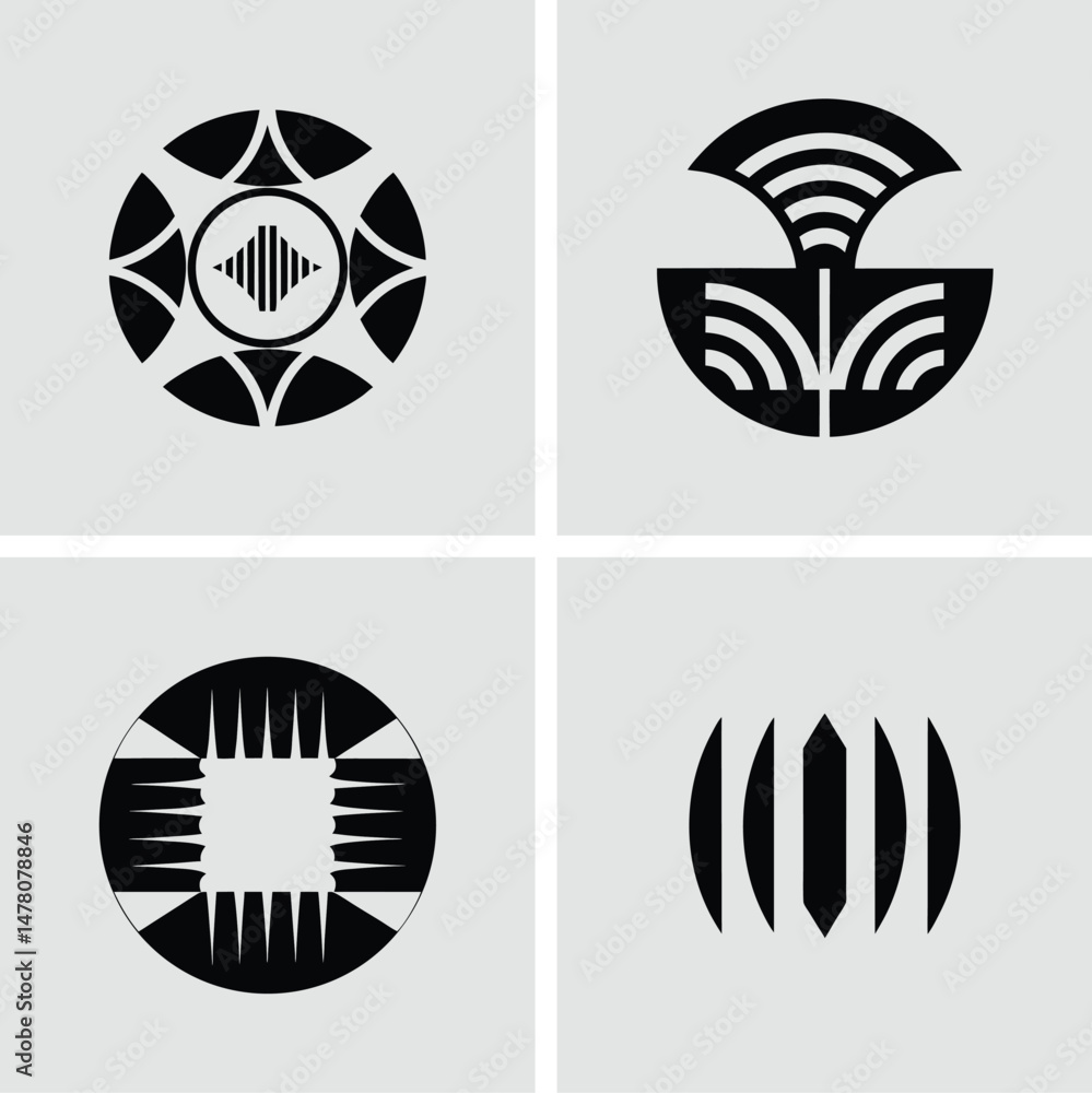 Poster vector graphics featuring unique minimalist logo designs for branding icons on a light grey backgrou