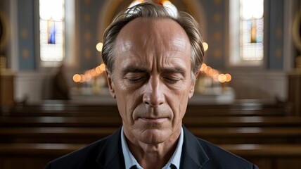 Naklejka premium Close-Up of an American Man Praying in Church with Focus on His Face, No Hands Visible, Contemplative Moment of Faith