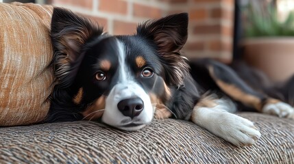 Relaxed dog lounging on a cozy sofa with a warm, inviting background