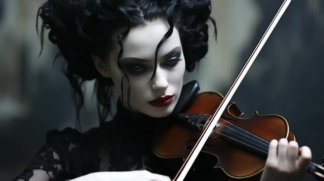 A striking performer channels raw emotion while playing a violin, dressed in an elegant, gothic attire. The atmosphere is filled with an eerie charm, enhancing the haunting melody