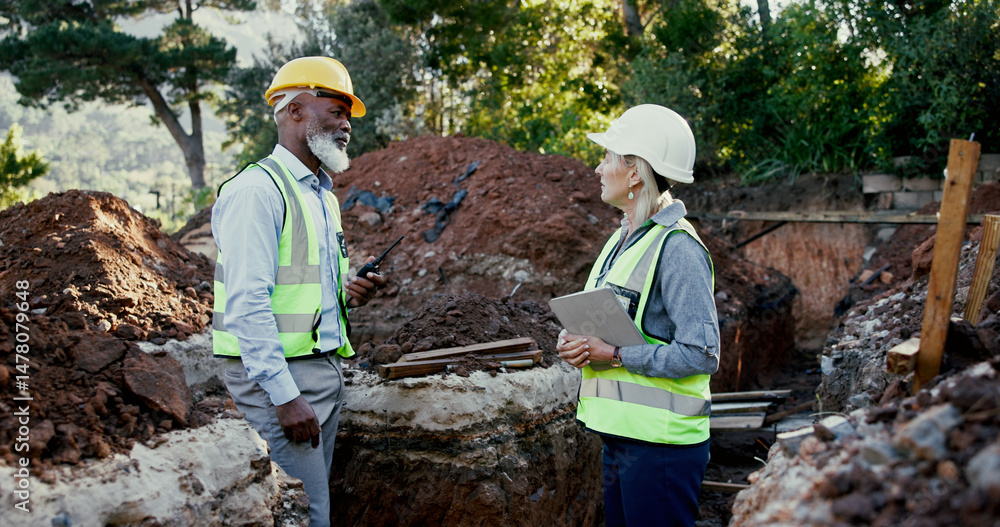 Poster Engineering, people and meeting on construction site with tablet, discussion and problem solving in foundation. Woman inspector, mature team and tech on worksite with planning for project management