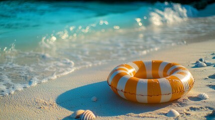 Obraz premium Colorful swim ring on sunlit beach with seashells and approaching turquoise wave