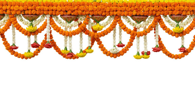 Indian Traditional flower decoration, Indian festival garland, toran isolated on transparent background, PNG 
