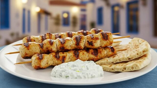 Grilled chicken skewers, pita bread, and tzatziki sauce, ready for a tasty meal.