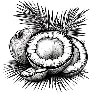 black and white coconuts with palm leaves clip art preview