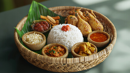 A complete Nasi Padang spread with white rice, fried chicken, beef rendang, gulai tunjang, sayur nangka, sambal, and serundeng, served on a woven tray with banana leaves.
