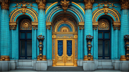 Obraz premium Ornate building facade featuring gold detailing and teal colored pillars windows and doors