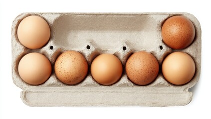 Six Brown and Beige Eggs in a Cardboard Carton