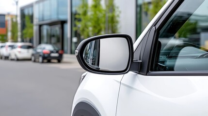 White Car Side Mirror Reflecting Blurred City Background