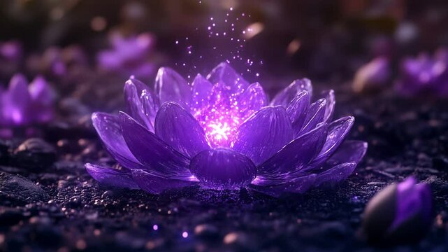 seventh chakra crown chakra purple lotus on the ground radiating pink-purple light energy. sahasrara enlightenment transcendence divine connection
