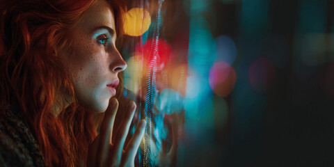 Young woman with red hair, seen from the side, gazing at a blurred city lights background, conveying a feeling of contemplation and urban night life