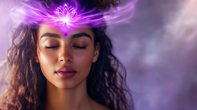 beautiful woman meditating. purple lotus flower on her forehead radiating spiritual light. transcendence and connection to the universe. seventh chakra crown chakra activation. divine feminine energy