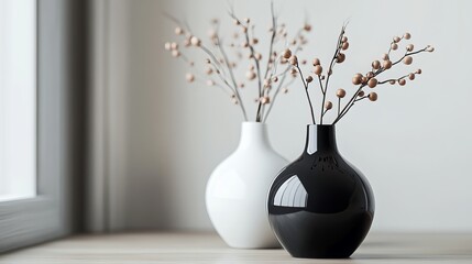 Stylish black and white vases: a minimalist home d?or scene.
 