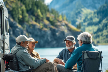 Retirees traveling in a camper, stopping at scenic locations and enjoying freedom